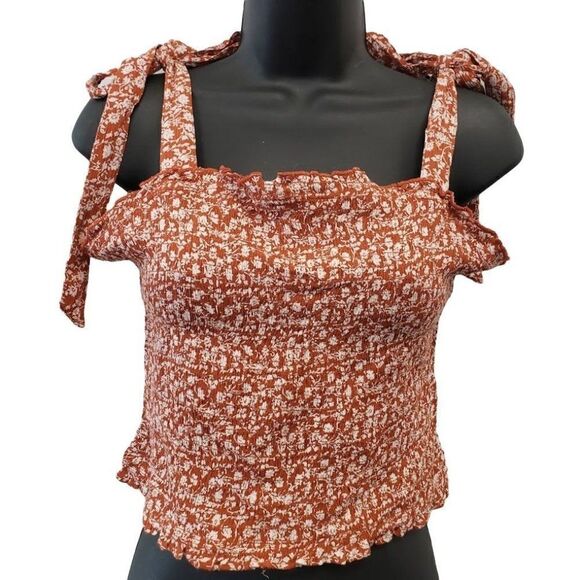 Dizzy Lizzy Smocked Crop Top Women's XL Rust‎ Orange White Floral Tie-Straps NEW - Picture 1 of 11